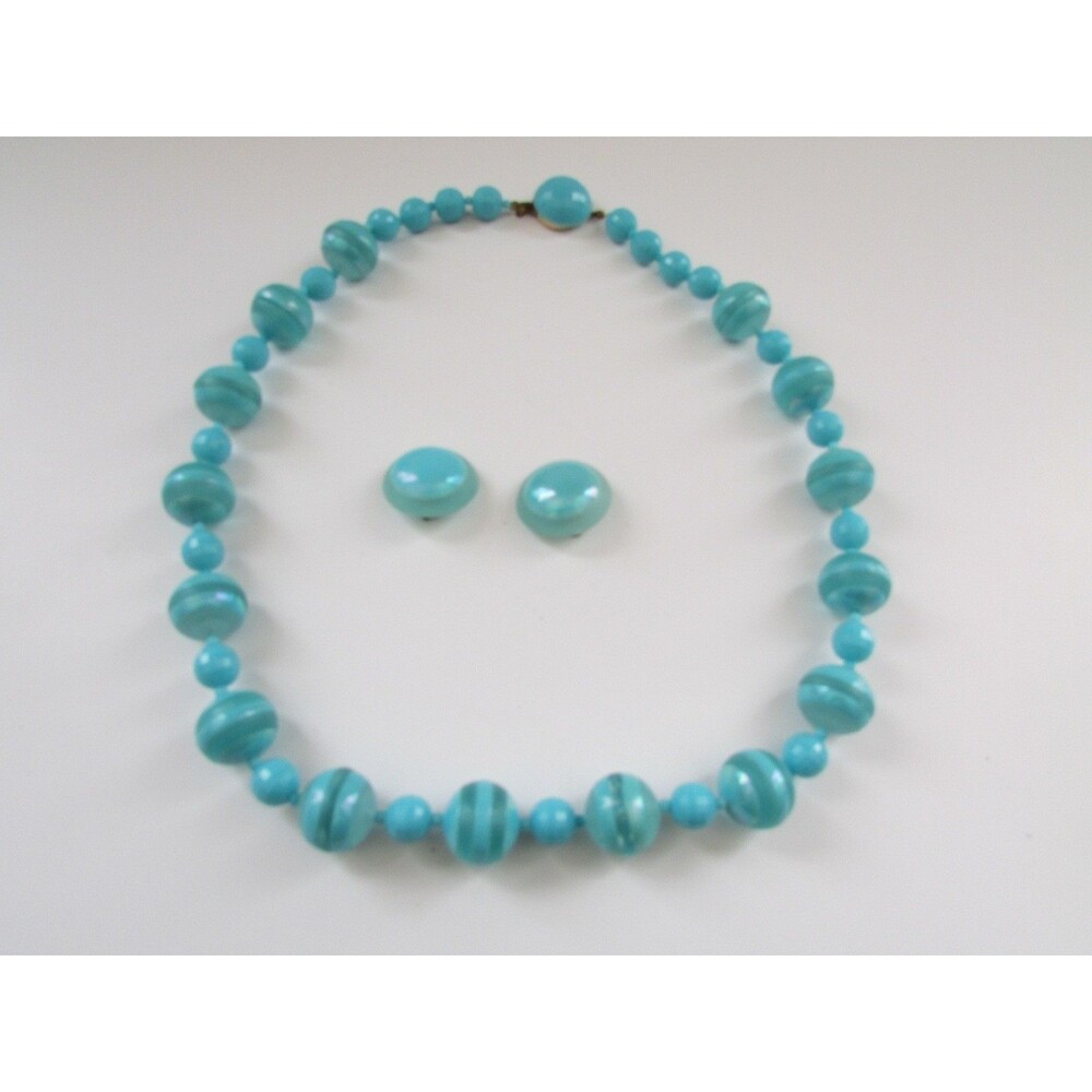 Vtg Austrian Turquoise Big Bead 22" Necklace/Matching Round Clip On Earrings